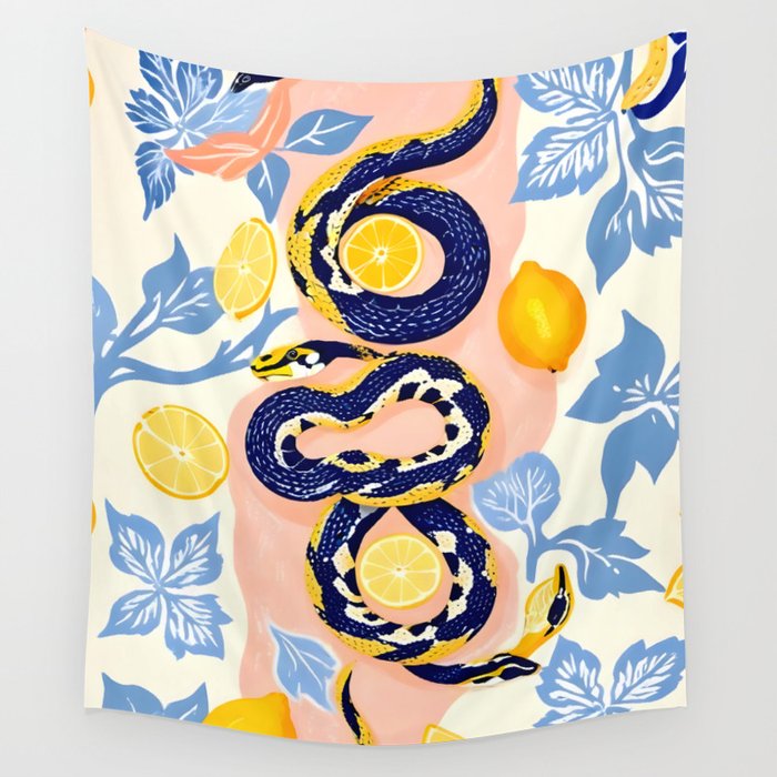 Snakes & Lemons, Whimsical Eclectic Wildlife Animals, Fruit Food Bohemian Summer, Quirky Venom Illustration Moroccan Tiles Wall Tapestry Gallery Image 4