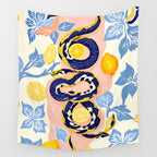 Snakes & Lemons, Whimsical Eclectic Wildlife Animals, Fruit Food Bohemian Summer, Quirky Venom Illustration Moroccan Tiles Wall Tapestry Gallery Image 4