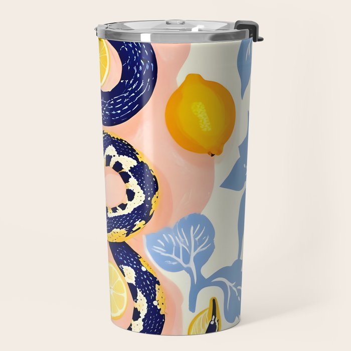 Snakes & Lemons, Whimsical Eclectic Wildlife Animals, Fruit Food Bohemian Summer, Quirky Venom Illustration Moroccan Tiles Travel Mug Gallery Image 2