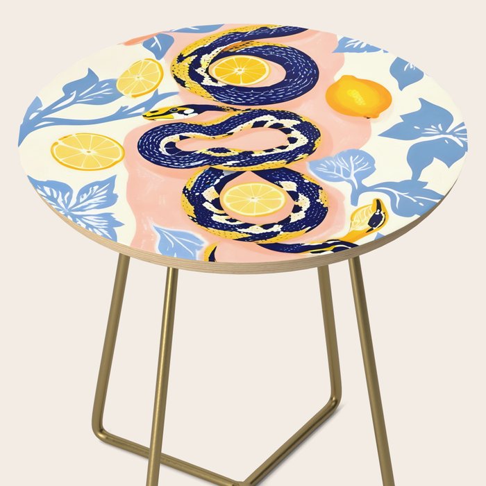 Snakes & Lemons, Whimsical Eclectic Wildlife Animals, Fruit Food Bohemian Summer, Quirky Venom Illustration Moroccan Tiles Side Table Gallery Image 2