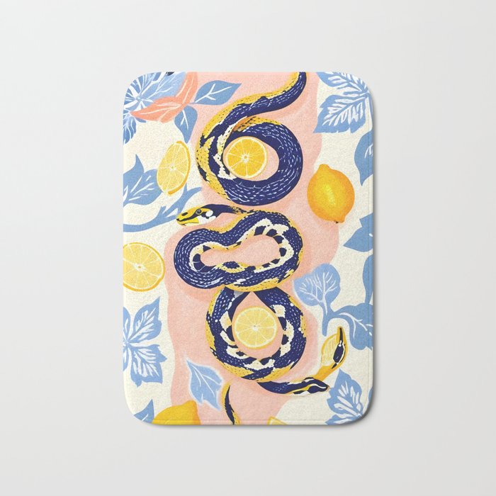 Snakes & Lemons, Whimsical Eclectic Wildlife Animals, Fruit Food Bohemian Summer, Quirky Venom Illustration Moroccan Tiles Bath Mat Gallery Image 1