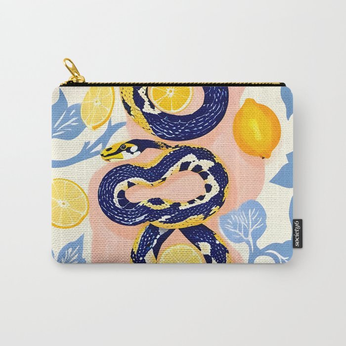 Snakes & Lemons, Whimsical Eclectic Wildlife Animals, Fruit Food Bohemian Summer, Quirky Venom Illustration Moroccan Tiles Carry All Pouch Gallery Image 1