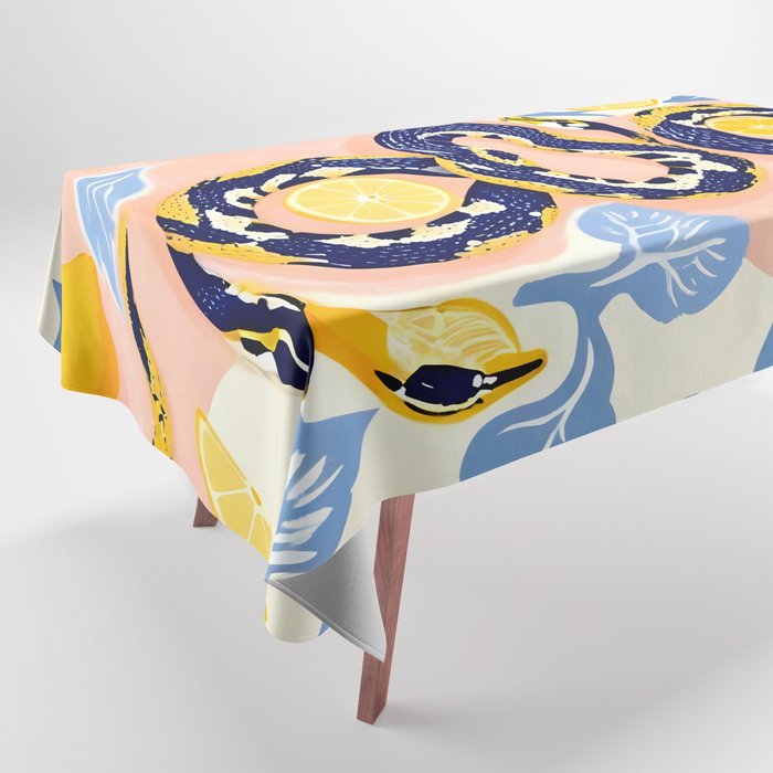 Snakes & Lemons, Whimsical Eclectic Wildlife Animals, Fruit Food Bohemian Summer, Quirky Venom Illustration Moroccan Tiles Tablecloth Gallery Image 1