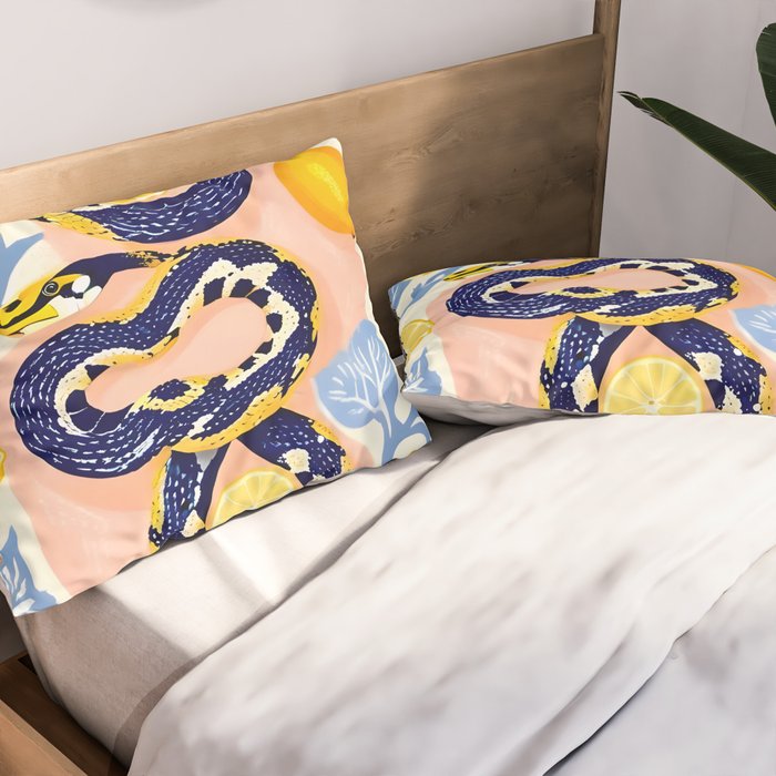 Snakes & Lemons, Whimsical Eclectic Wildlife Animals, Fruit Food Bohemian Summer, Quirky Venom Illustration Moroccan Tiles Pillow Sham Gallery Image 2
