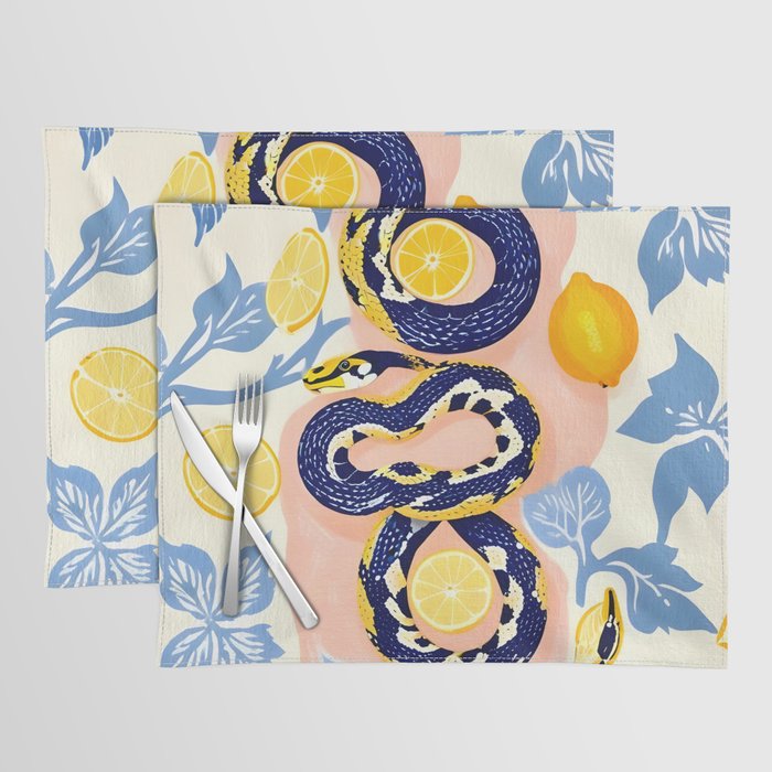 Snakes & Lemons, Whimsical Eclectic Wildlife Animals, Fruit Food Bohemian Summer, Quirky Venom Illustration Moroccan Tiles Placemat Gallery Image 1