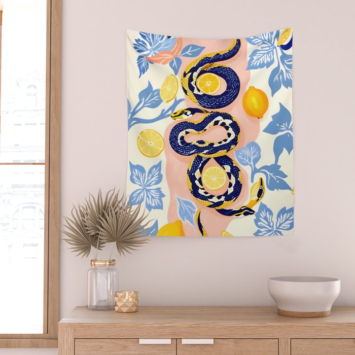 Snakes & Lemons, Whimsical Eclectic Wildlife Animals, Fruit Food Bohemian Summer, Quirky Venom Illustration Moroccan Tiles Wall Tapestry Gallery Image 2