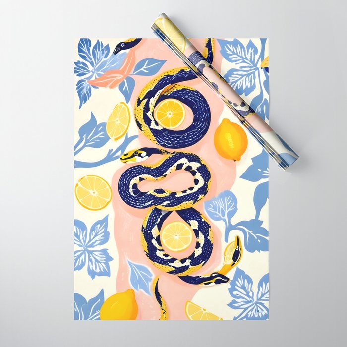 Snakes & Lemons, Whimsical Eclectic Wildlife Animals, Fruit Food Bohemian Summer, Quirky Venom Illustration Moroccan Tiles Wrapping Paper Gallery Image 1