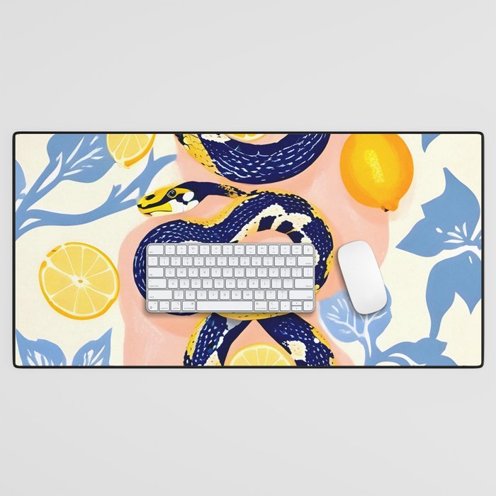 Snakes & Lemons, Whimsical Eclectic Wildlife Animals, Fruit Food Bohemian Summer, Quirky Venom Illustration Moroccan Tiles Desk Mat Gallery Image 1