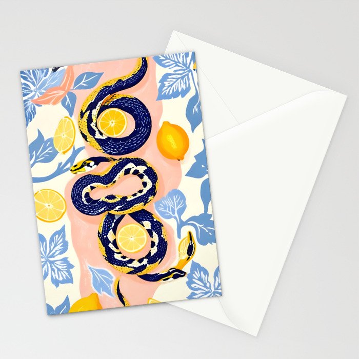 Snakes & Lemons, Whimsical Eclectic Wildlife Animals, Fruit Food Bohemian Summer, Quirky Venom Illustration Moroccan Tiles Stationery Card Gallery Image 2