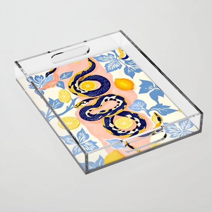 Snakes & Lemons, Whimsical Eclectic Wildlife Animals, Fruit Food Bohemian Summer, Quirky Venom Illustration Moroccan Tiles Acrylic Tray Gallery Image 1