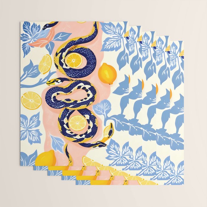 Snakes & Lemons, Whimsical Eclectic Wildlife Animals, Fruit Food Bohemian Summer, Quirky Venom Illustration Moroccan Tiles Wrapping Paper Gallery Image 3