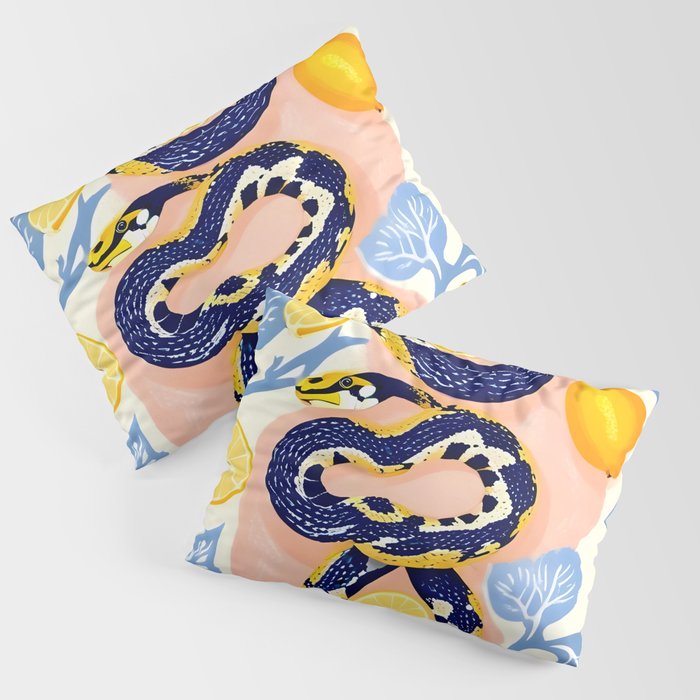 Snakes & Lemons, Whimsical Eclectic Wildlife Animals, Fruit Food Bohemian Summer, Quirky Venom Illustration Moroccan Tiles Pillow Sham Gallery Image 3