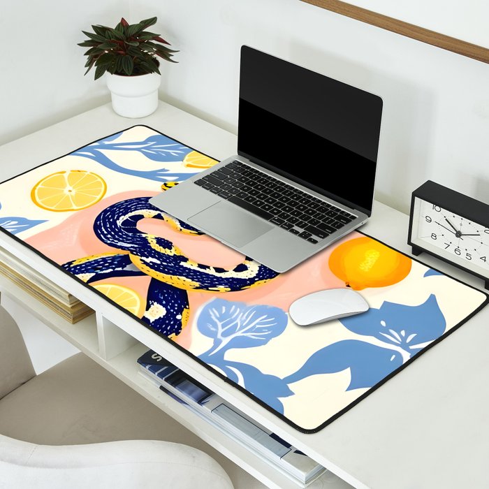 Snakes & Lemons, Whimsical Eclectic Wildlife Animals, Fruit Food Bohemian Summer, Quirky Venom Illustration Moroccan Tiles Desk Mat Gallery Image 2