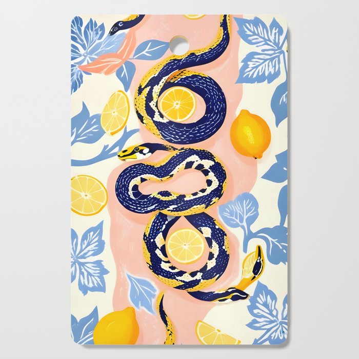 Snakes & Lemons, Whimsical Eclectic Wildlife Animals, Fruit Food Bohemian Summer, Quirky Venom Illustration Moroccan Tiles Cutting Board Gallery Image 1