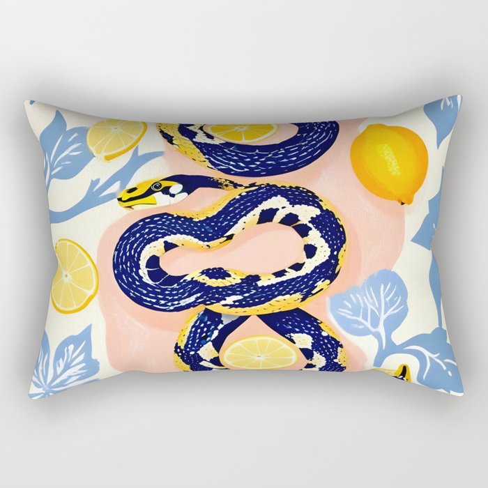 Snakes & Lemons, Whimsical Eclectic Wildlife Animals, Fruit Food Bohemian Summer, Quirky Venom Illustration Moroccan Tiles Rectangular Pillow Gallery Image 1