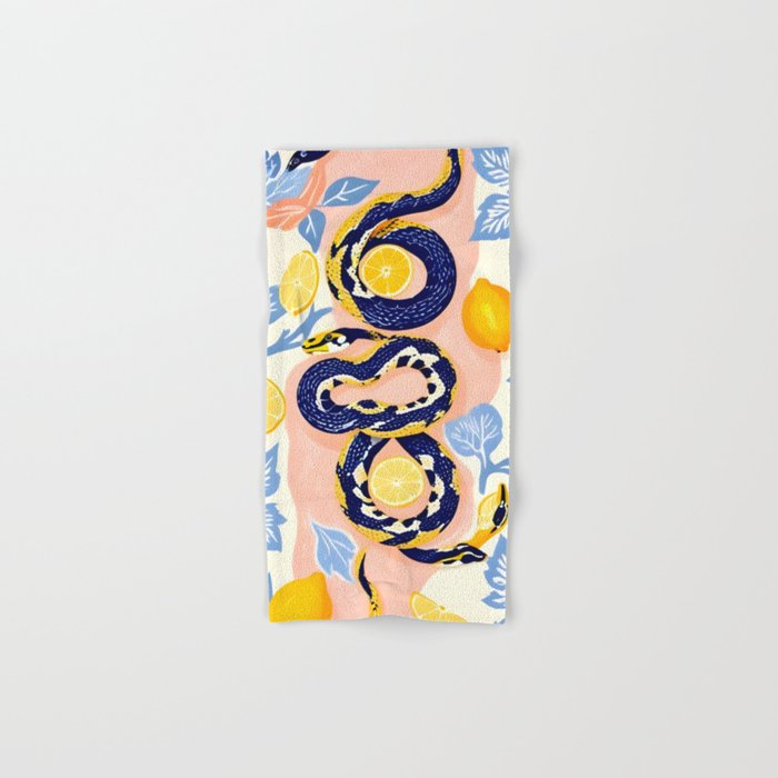 Snakes & Lemons, Whimsical Eclectic Wildlife Animals, Fruit Food Bohemian Summer, Quirky Venom Illustration Moroccan Tiles Bath Towel Gallery Image 1