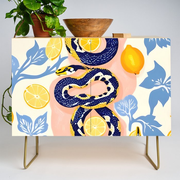 Snakes & Lemons, Whimsical Eclectic Wildlife Animals, Fruit Food Bohemian Summer, Quirky Venom Illustration Moroccan Tiles Credenza Gallery Image 1