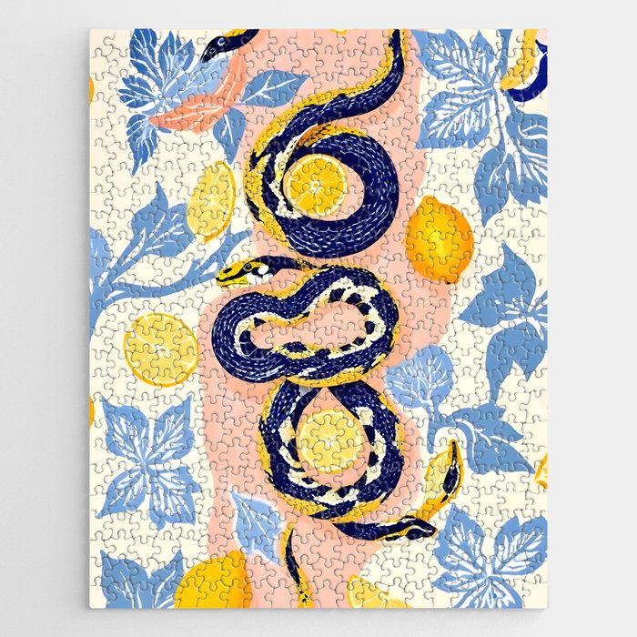 Snakes & Lemons, Whimsical Eclectic Wildlife Animals, Fruit Food Bohemian Summer, Quirky Venom Illustration Moroccan Tiles Jigsaw Puzzle Gallery Image 1