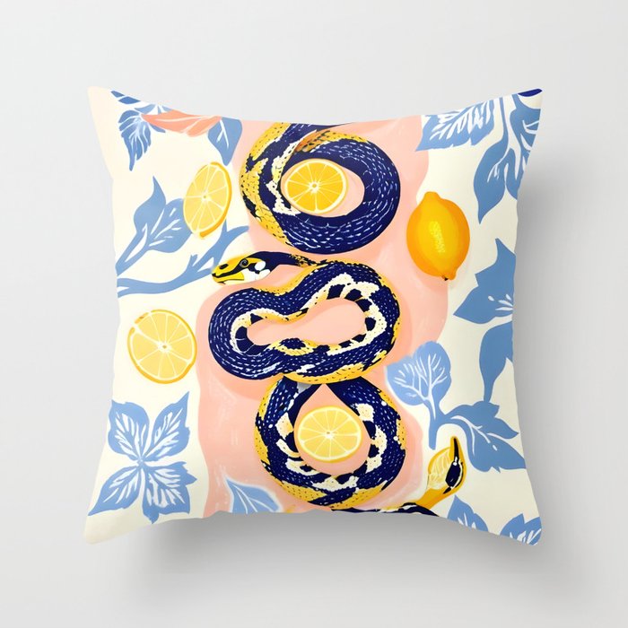 Snakes & Lemons, Whimsical Eclectic Wildlife Animals, Fruit Food Bohemian Summer, Quirky Venom Illustration Moroccan Tiles Throw Pillow Gallery Image 6