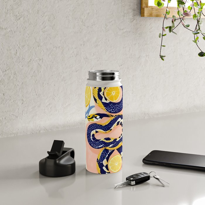 Snakes & Lemons, Whimsical Eclectic Wildlife Animals, Fruit Food Bohemian Summer, Quirky Venom Illustration Moroccan Tiles Water Bottle Gallery Image 4