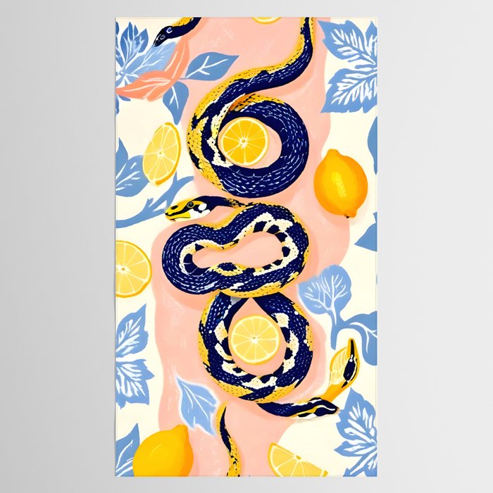 Snakes & Lemons, Whimsical Eclectic Wildlife Animals, Fruit Food Bohemian Summer, Quirky Venom Illustration Moroccan Tiles Tablecloth Gallery Image 2