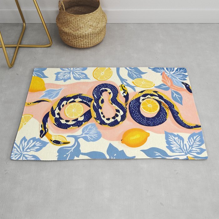 Snakes & Lemons, Whimsical Eclectic Wildlife Animals, Fruit Food Bohemian Summer, Quirky Venom Illustration Moroccan Tiles Rug Gallery Image 1