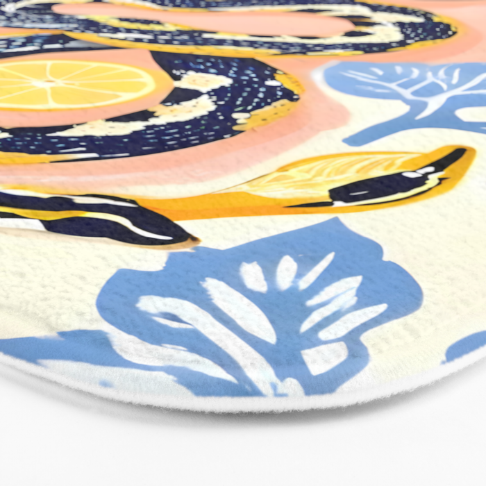 Snakes & Lemons, Whimsical Eclectic Wildlife Animals, Fruit Food Bohemian Summer, Quirky Venom Illustration Moroccan Tiles Bath Mat Gallery Image 3