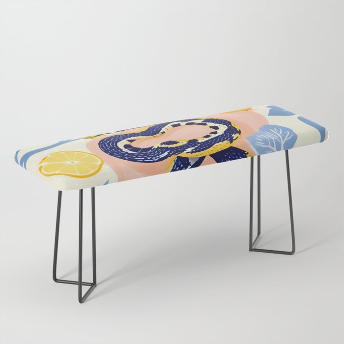 Snakes & Lemons, Whimsical Eclectic Wildlife Animals, Fruit Food Bohemian Summer, Quirky Venom Illustration Moroccan Tiles Bench Gallery Image 1