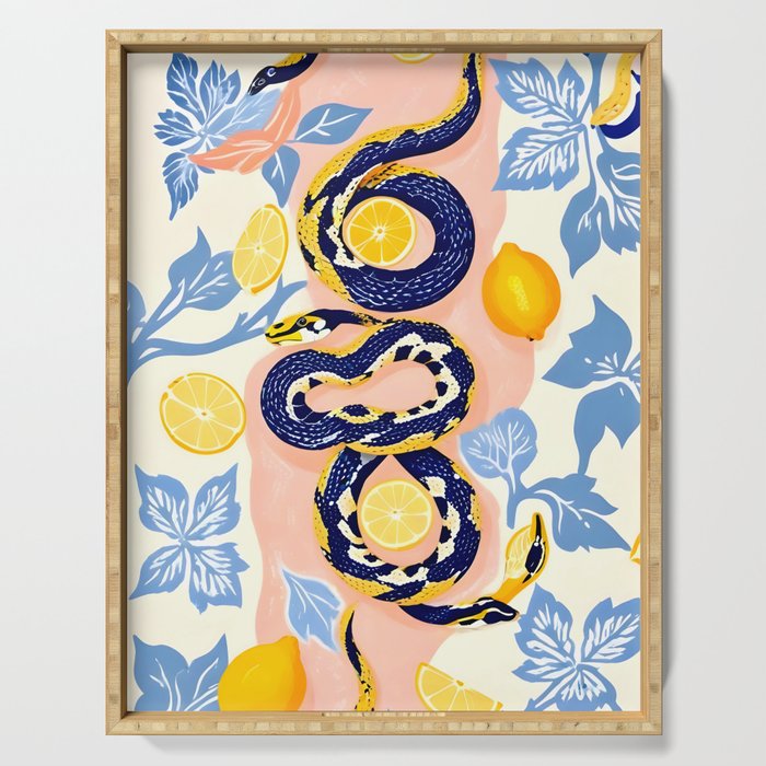 Snakes & Lemons, Whimsical Eclectic Wildlife Animals, Fruit Food Bohemian Summer, Quirky Venom Illustration Moroccan Tiles Serving Tray Gallery Image 1