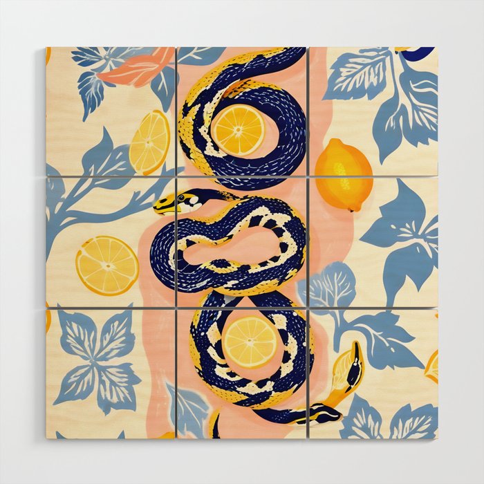 Snakes & Lemons, Whimsical Eclectic Wildlife Animals, Fruit Food Bohemian Summer, Quirky Venom Illustration Moroccan Tiles Wood Wall Art Gallery Image 1