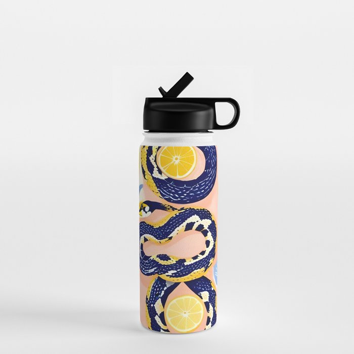Snakes & Lemons, Whimsical Eclectic Wildlife Animals, Fruit Food Bohemian Summer, Quirky Venom Illustration Moroccan Tiles Water Bottle Gallery Image 1