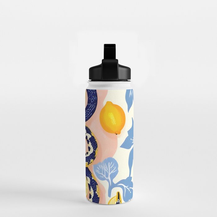 Snakes & Lemons, Whimsical Eclectic Wildlife Animals, Fruit Food Bohemian Summer, Quirky Venom Illustration Moroccan Tiles Water Bottle Gallery Image 2
