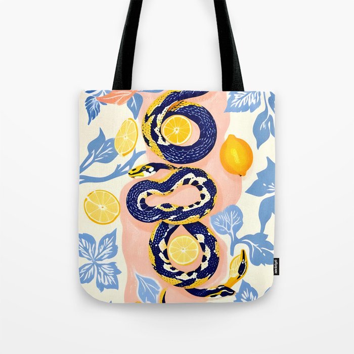 Snakes & Lemons, Whimsical Eclectic Wildlife Animals, Fruit Food Bohemian Summer, Quirky Venom Illustration Moroccan Tiles Tote Bag Gallery Image 1