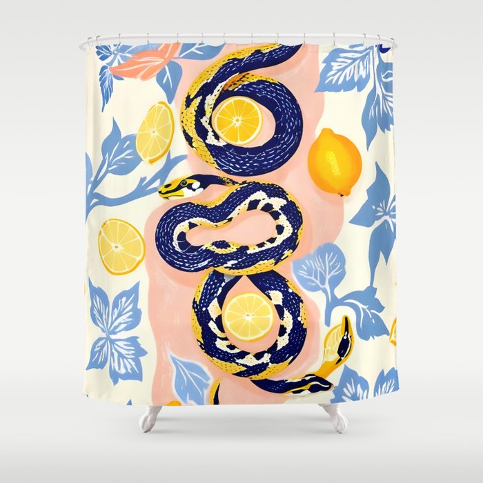 Snakes & Lemons, Whimsical Eclectic Wildlife Animals, Fruit Food Bohemian Summer, Quirky Venom Illustration Moroccan Tiles Shower Curtain Gallery Image 1