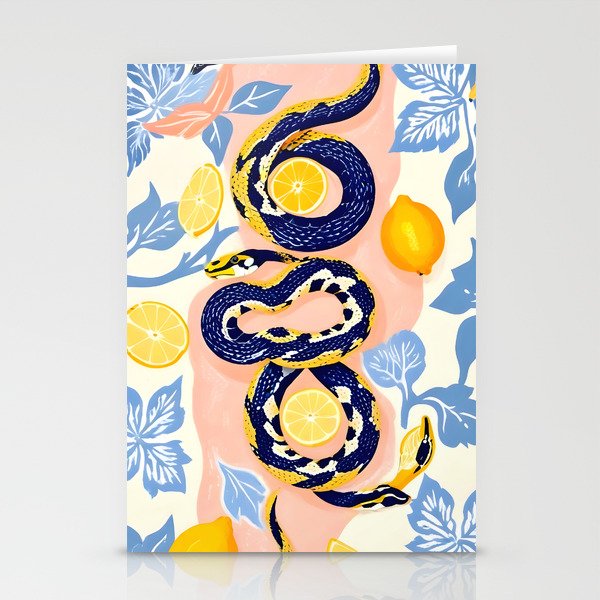 Snakes & Lemons, Whimsical Eclectic Wildlife Animals, Fruit Food Bohemian Summer, Quirky Venom Illustration Moroccan Tiles Stationery Card Gallery Image 2