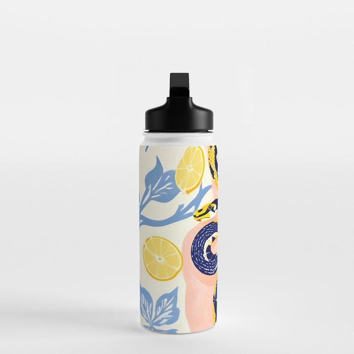 Snakes & Lemons, Whimsical Eclectic Wildlife Animals, Fruit Food Bohemian Summer, Quirky Venom Illustration Moroccan Tiles Water Bottle Gallery Image 3