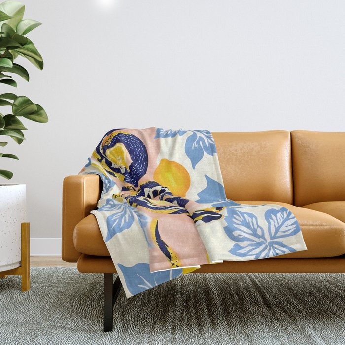 Snakes & Lemons, Whimsical Eclectic Wildlife Animals, Fruit Food Bohemian Summer, Quirky Venom Illustration Moroccan Tiles Throw Blanket Gallery Image 1