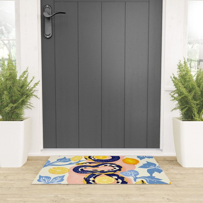 Snakes & Lemons, Whimsical Eclectic Wildlife Animals, Fruit Food Bohemian Summer, Quirky Venom Illustration Moroccan Tiles Welcome Mat Gallery Image 3