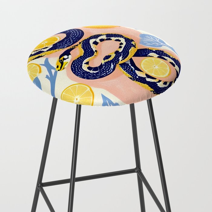 Snakes & Lemons, Whimsical Eclectic Wildlife Animals, Fruit Food Bohemian Summer, Quirky Venom Illustration Moroccan Tiles Stool Gallery Image 2