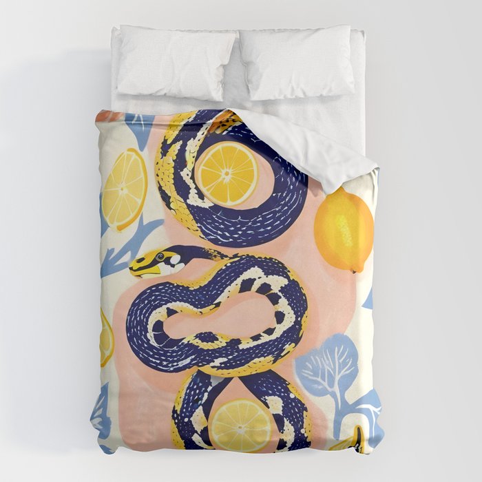 Snakes & Lemons, Whimsical Eclectic Wildlife Animals, Fruit Food Bohemian Summer, Quirky Venom Illustration Moroccan Tiles Duvet Cover Gallery Image 6