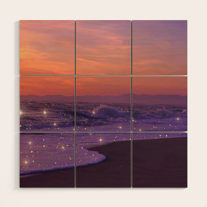 PURPLE WAVES | ocean | sea | collage | glow | gems | crystal | sunset | aesthetic | seaside | nature Wood Wall Art Gallery Image 1