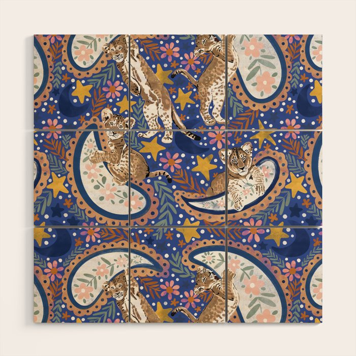 Leopard Cubs Starry Night Wood Wall Art Gallery Image 1