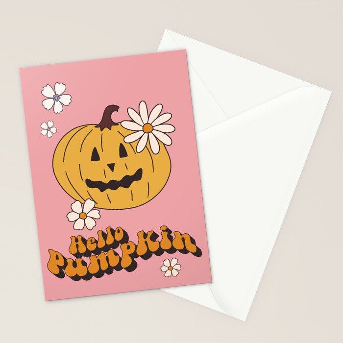 Hello Pumpkin Retro Pink Floral Print Stationery Card Gallery Image 2