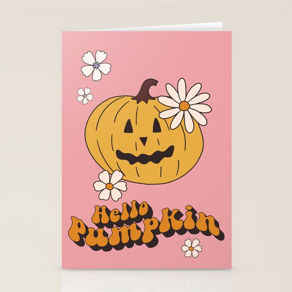 Hello Pumpkin Retro Pink Floral Print Stationery Card Gallery Image 1