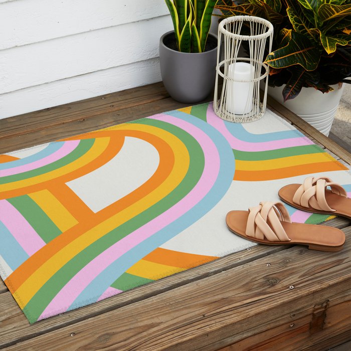 Retro rainbow stripe art print Outdoor Rug Gallery Image 2