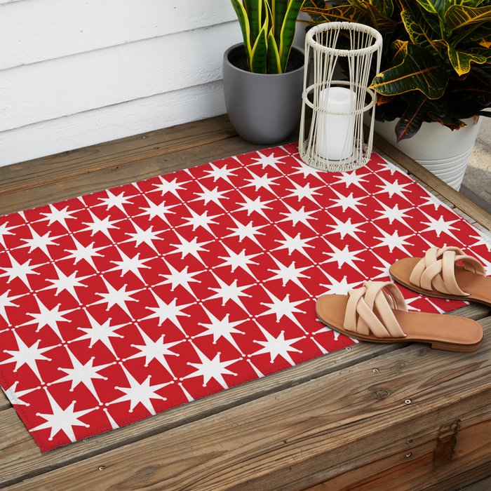Midcentury Modern Atomic Starburst Pattern in Red and White Outdoor Rug Gallery Image 2