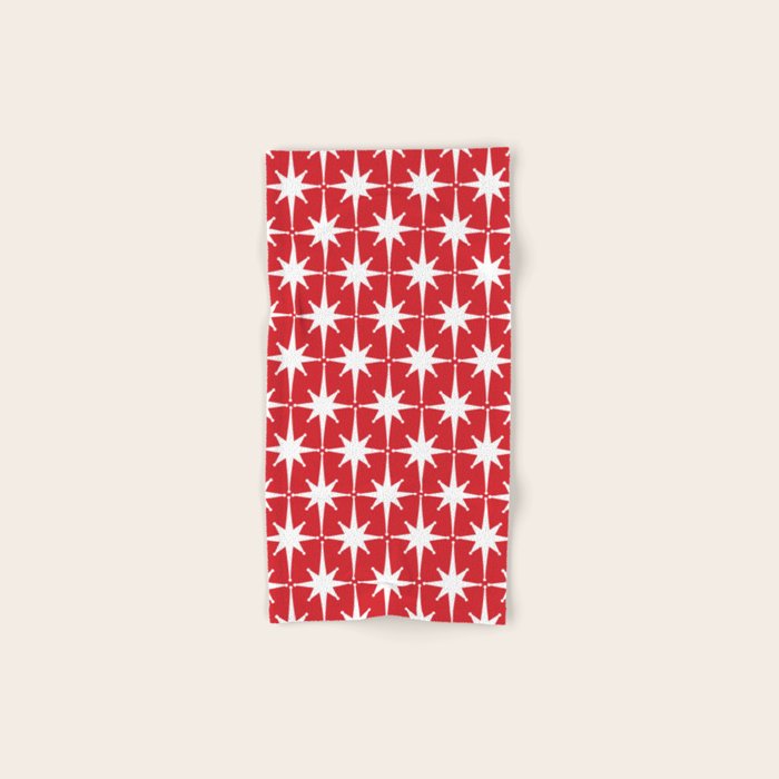Midcentury Modern Atomic Starburst Pattern in Red and White Bath Towel Gallery Image 1