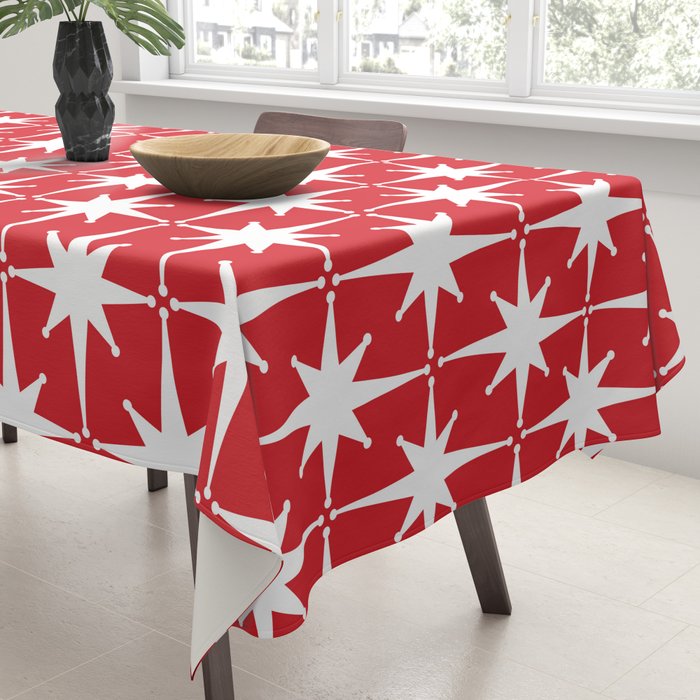 Midcentury Modern Atomic Starburst Pattern in Red and White Tablecloth Gallery Image 3