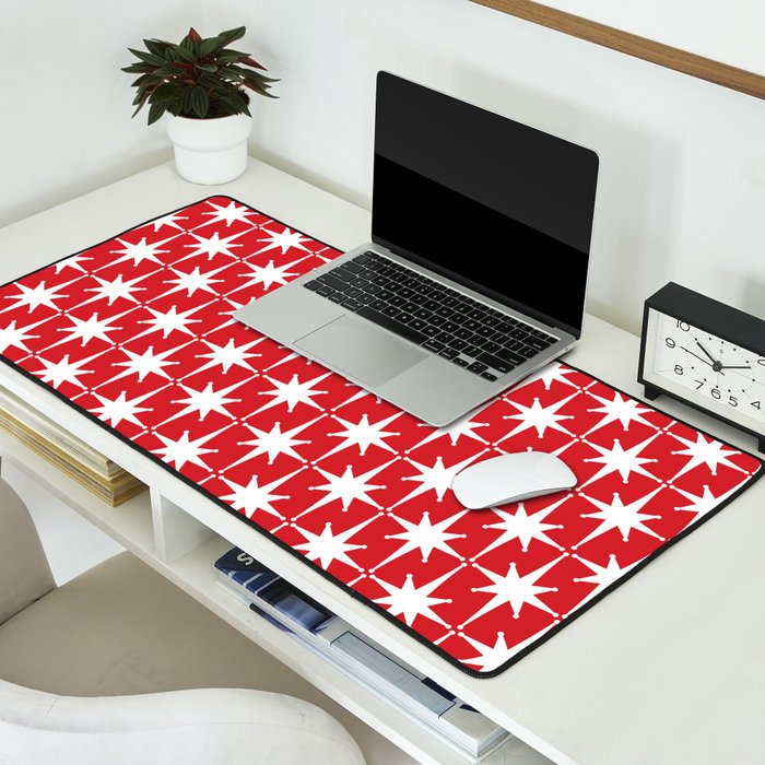 Midcentury Modern Atomic Starburst Pattern in Red and White Desk Mat Gallery Image 2