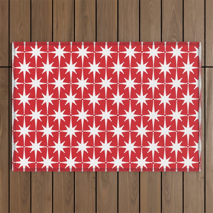 Midcentury Modern Atomic Starburst Pattern in Red and White Outdoor Rug Gallery Image 1